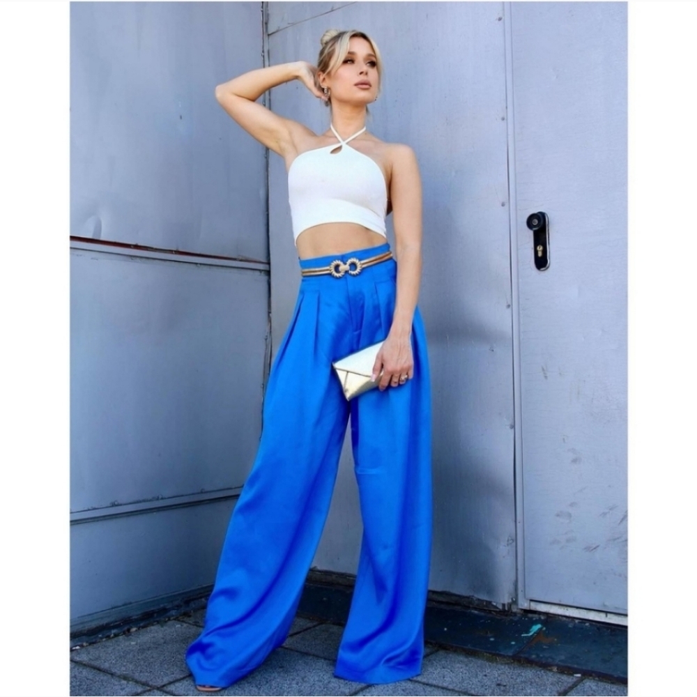 Zara Satin Effect Wide Pants Trousers Blue